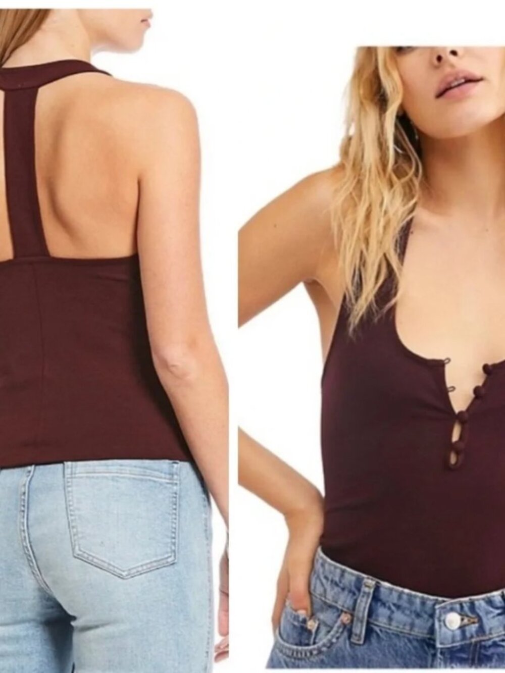 Intimately Free People Hang Out Cami Burgundy halter Tank size Large buttons